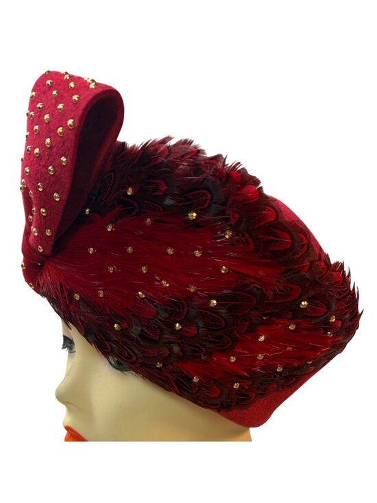 Vintage Mr. John Classic Red Feather Accent Mid Century Gold Stud Hat Church main image 4